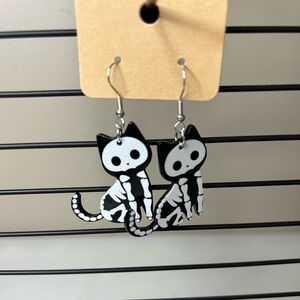 5/$35 Spooky Black Cat Skeleton Halloween Familiar Fall Dangly Earrings NEW